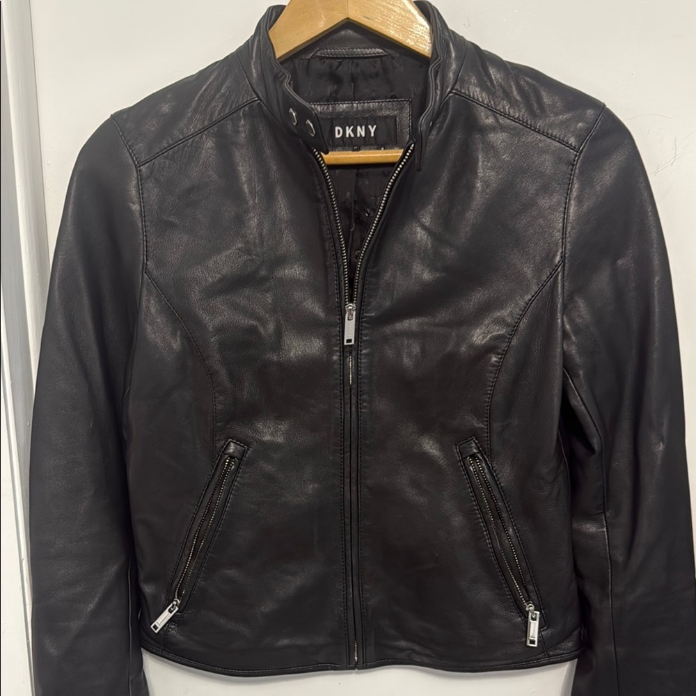 DKNY Women's Black Leather Zip-Front Jacket